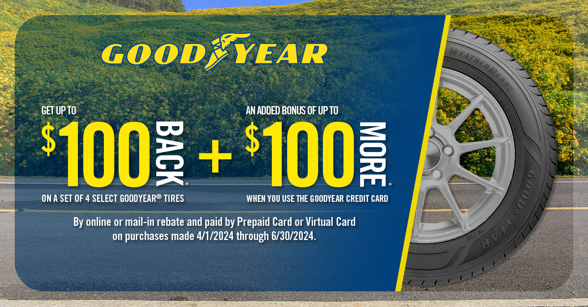 Get 200 plus 50 back when you purchase 4 select goodyear, kelly or dunlop tires.